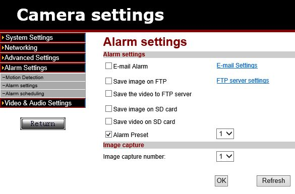 EM6355 The webpage of the camera, Alarm settings, Alarm scheduling